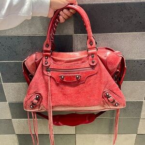 Balenciaga Red Lambskin Gun Metal Hardware Classic Motorcycle City Bag